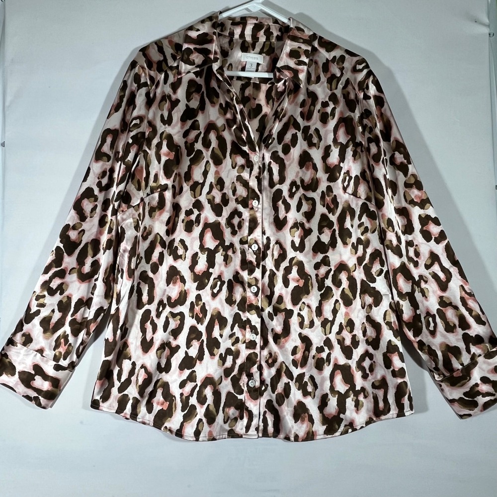 Chicos Women Leopard Print Button Front Long Sleeve Top Mob Wife Pink/Brown Sz 3